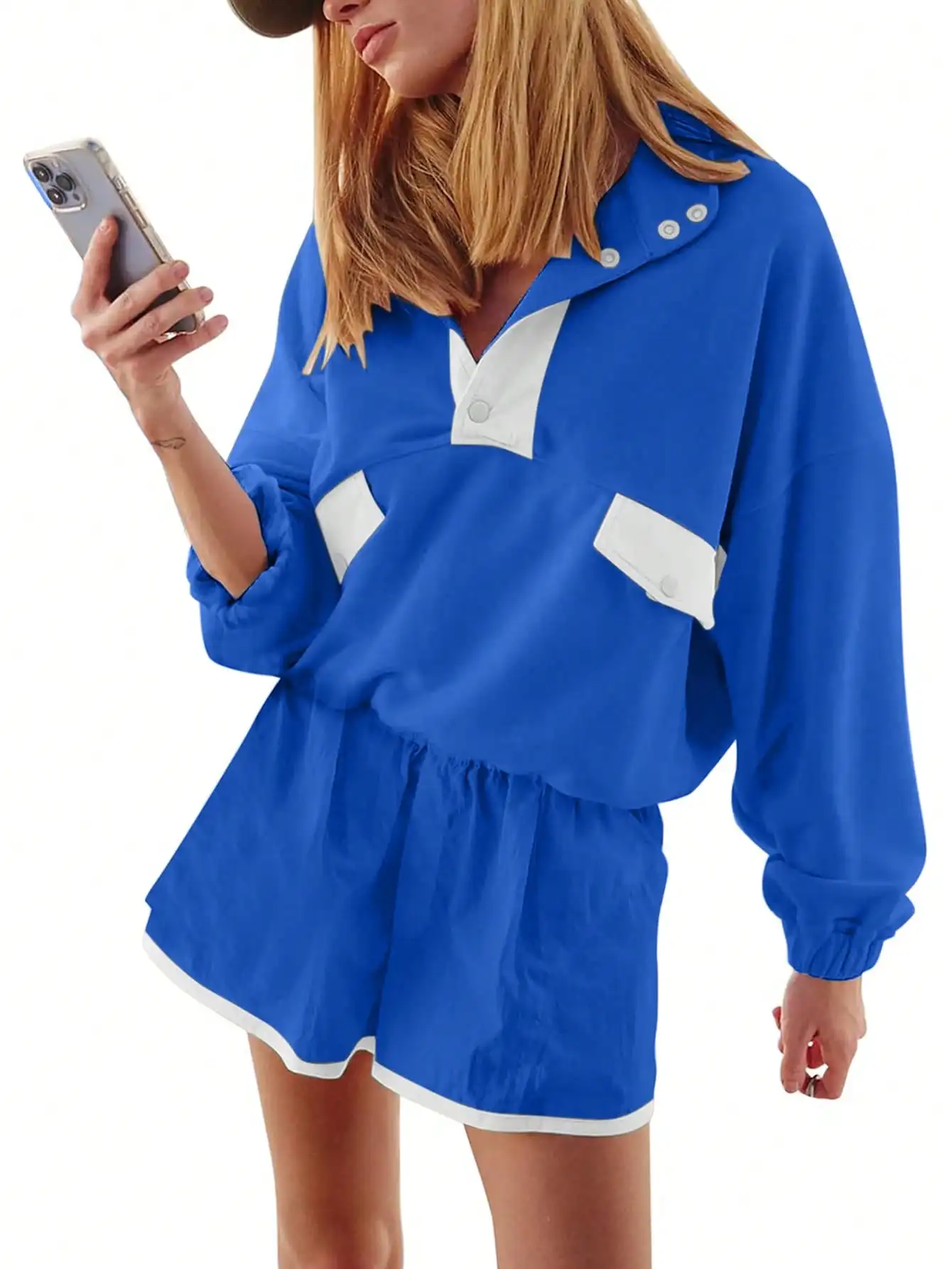 Women's Blue Contrast Panel Pullover Top & Shorts Set, Loose Fit, Elastic Waist