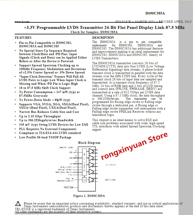 5pcs DS90C385AMTX/NOPB DS90C385AMT TSSOP-56 DS90C385AMTX  DS90C385 DS90C385A  100% new imported original 100% quality