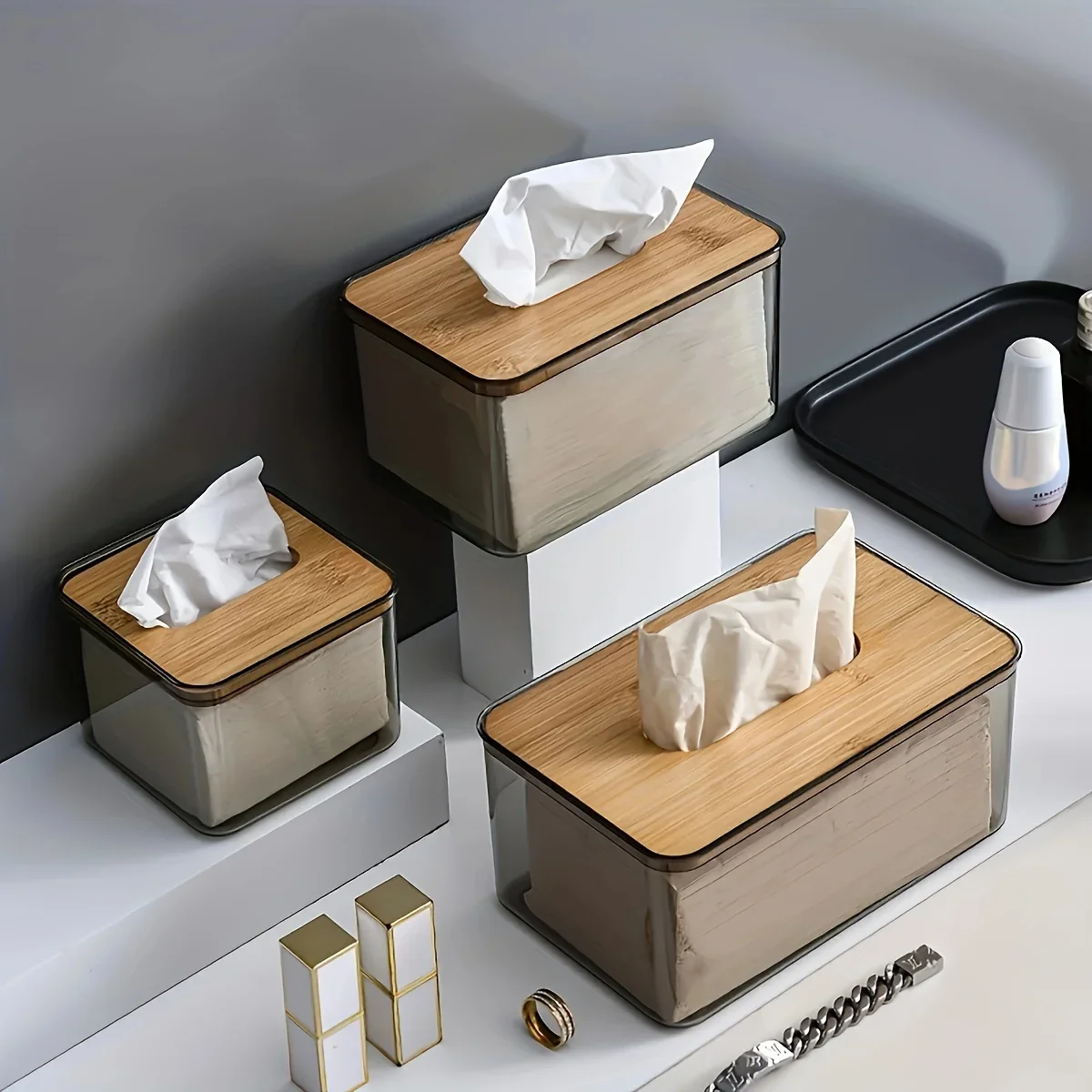 

1pc-Multifunctional Tissue Holder Paper Box With Bamboo Cover Transparent Container Living Room Bedroom Tissue Box Paper towel