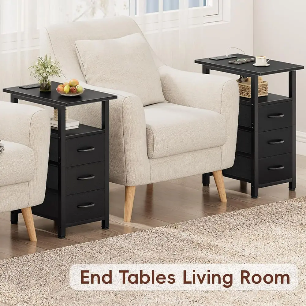 Set of 2 Black Charging Station End Tables, Slim Side Table for Small Spaces, 3 Drawer Narrow Nightstand, Ideal for Bedroom