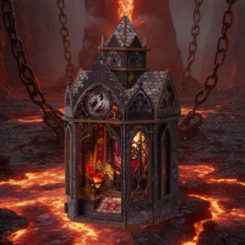 OUZEY ゴシック建築ブックヌック、ドラゴン尖塔DIY木製模型キット、LEDライト付き中世風本棚デコレーション