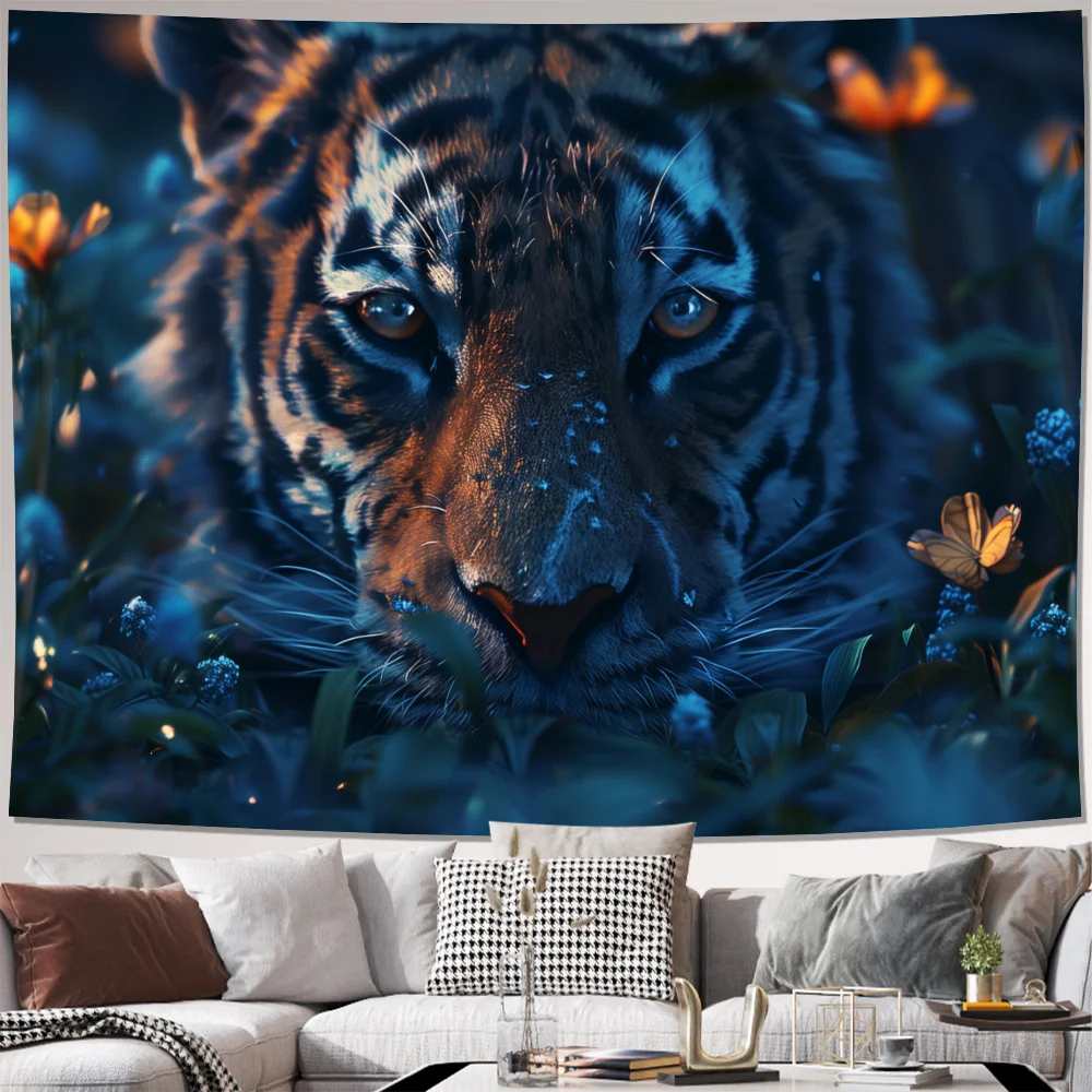 Mystical Jungle Tiger Tapestry, Realistic Tiger in Forest with Flowers Wall Hanging Wild Animal Room Decor suitable offices bars