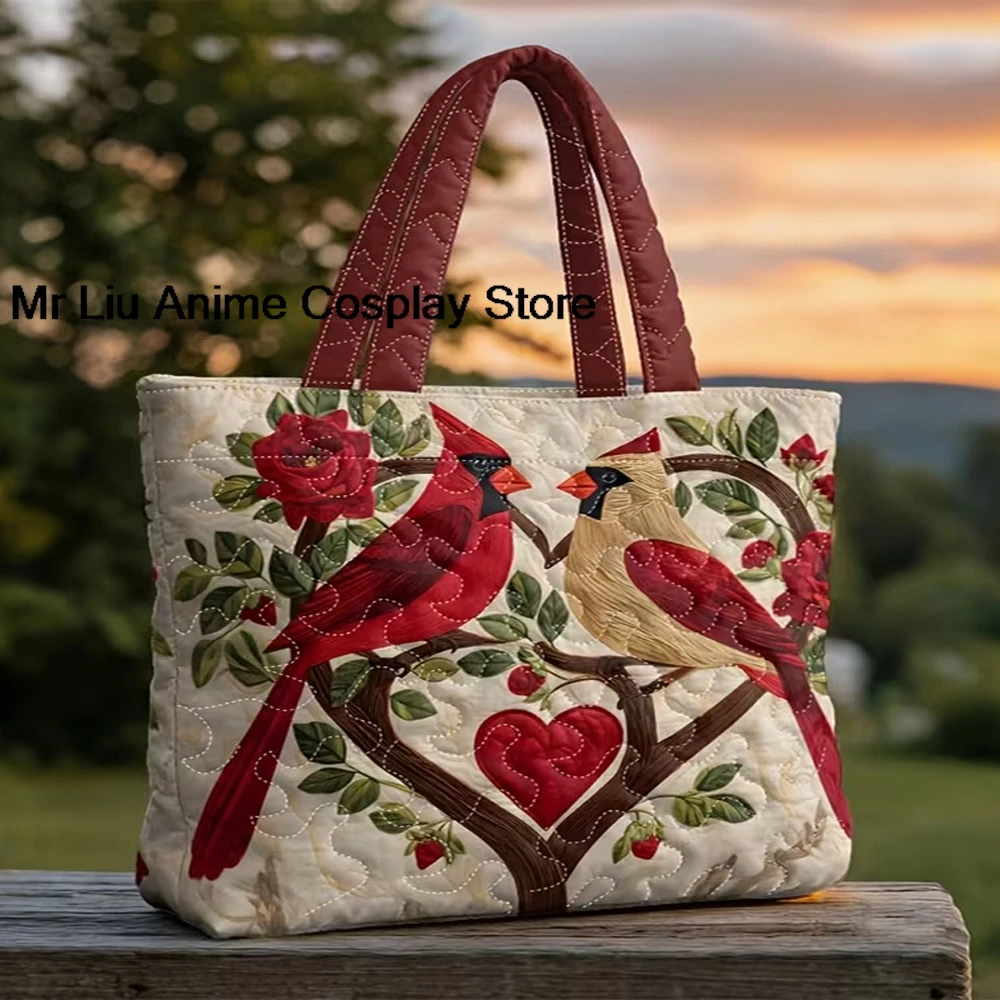 3D Hummingbird Cardinal Quilted Tote Women Daily Shoulder Bag Boho Bird Floral Handbag For Shopping