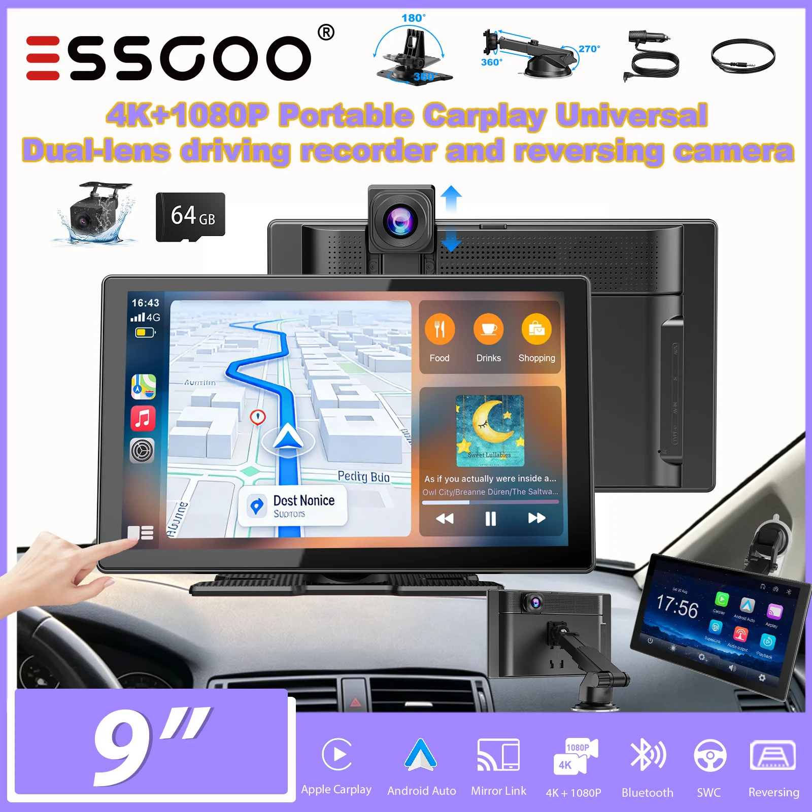 ESSGOO 9-Zoll-Autoradio 4K+1080P Tragbarer Carplay Universal Android Auto Universal Dual-Lens-Fahrrekorder und Rückfahrkamera Nachtsicht Kabelloses CarPlay WiFi FM Bluetooth 5.3 AUX Mirror Link für
