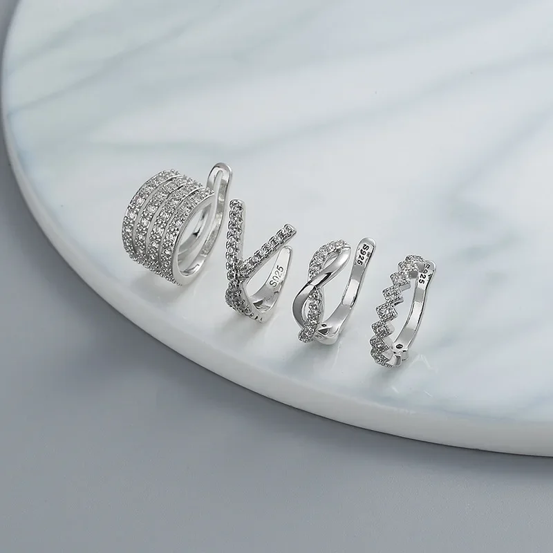 

One Piece 925 Silver Zircon Wave Cross No Ear Piercing Clip Earrings for Women Light Luxury Ear Bone Clip Fine Jewelry