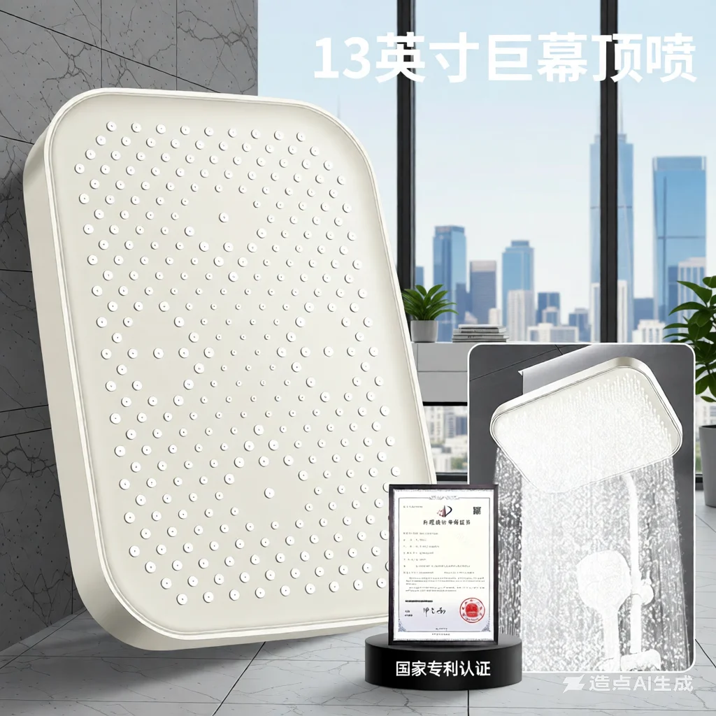 Ceiling-mounted shower head, shower head with increased pressure, large overhead shower head, large water output for bathing