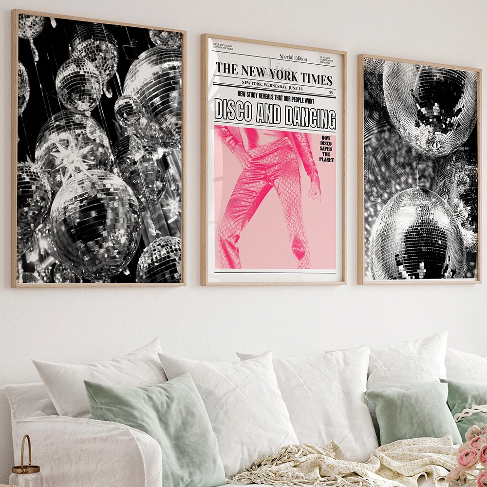 Fashion Girl Disco Ball Print Poster Wall Art Black and White Fashion Bar Canvas Painting Funky Pink Pictures Girly Dorm Decor