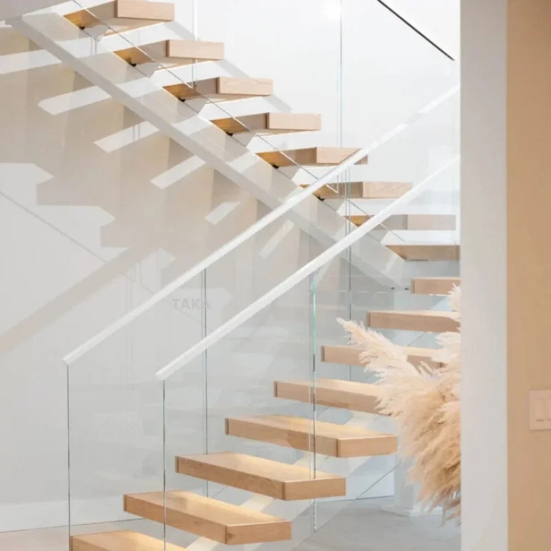 custom.Foshan Factory Wooden Staircase Floating Straight Stairs Customized Single Stringer Glass Railing White Staircase