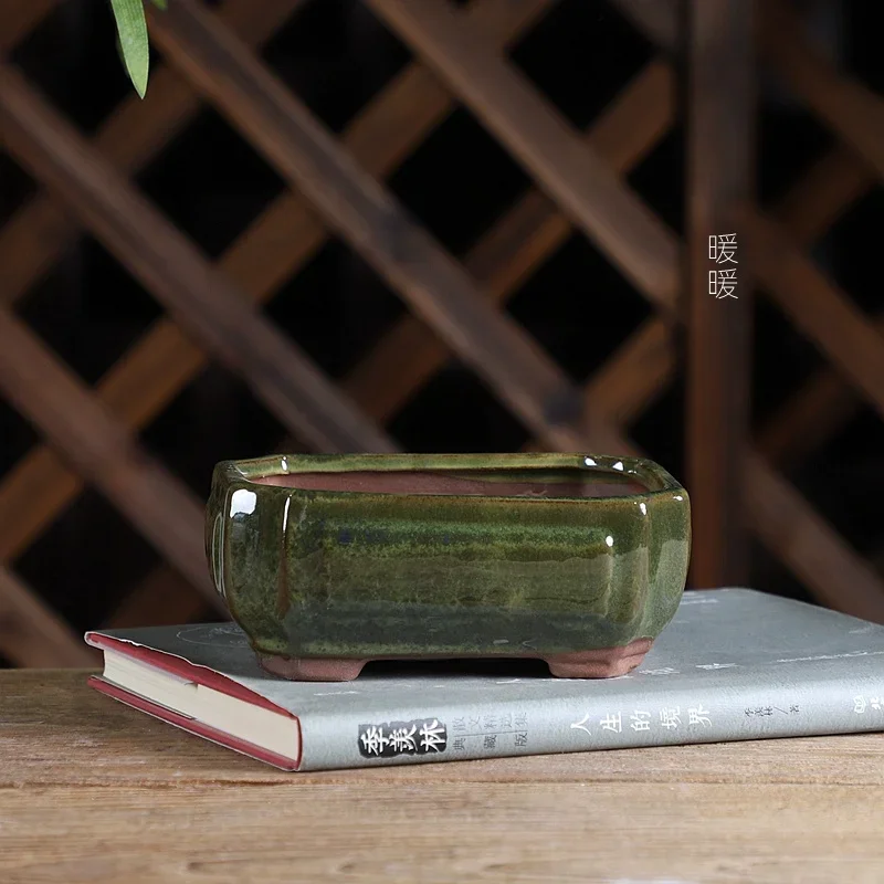 yesPorcelain Colorful Glazed Round-Angle Rectangle Bonsai Pot, Chinese Shape Cubicles, Desk, Office Table, Garden Decoration