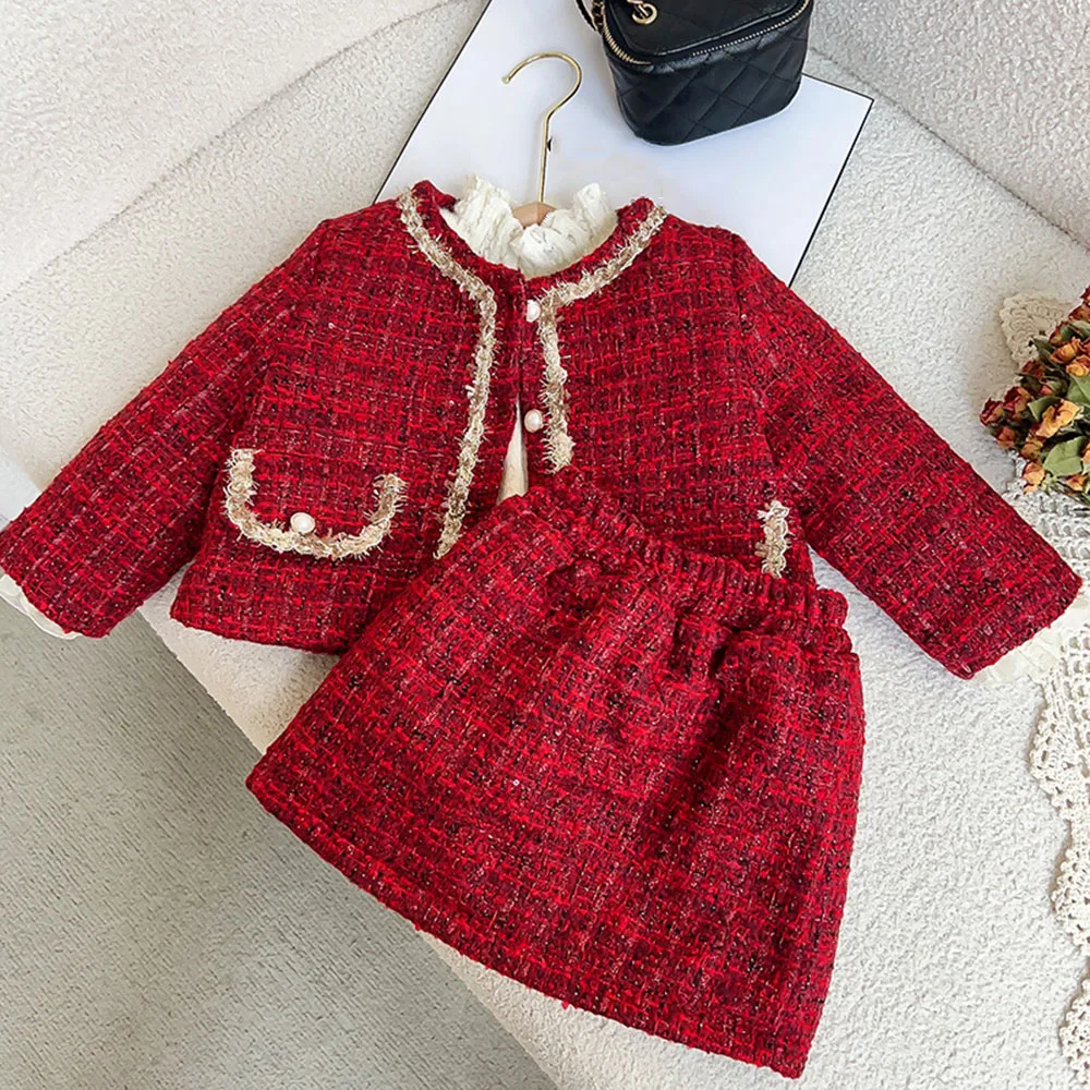 

Girl's Red New Year Set 2023 New Baby Winter Thickened Single Breasted Bright Silk Coat+Half Skirt 2PS Vivid Cute Cotton Sets