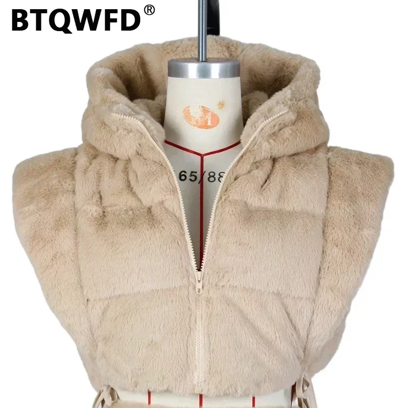 BTQWFD Women's Hooded Vest Female Clothing Sleeveless Fashion Casual Lace-up Warm Parkas Zipper 2024 New Spring Autumn Winter