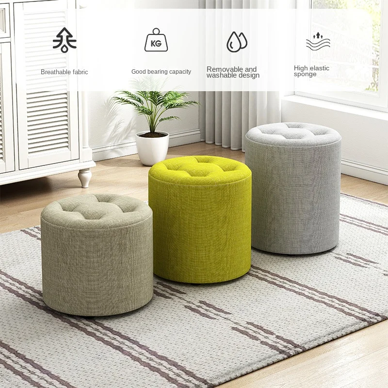 Solid Wood Small Fabric Round Stool, Simple and Modern Creative Living Room, Anti Slip and Foldable Low Stool Sitting on A Stool