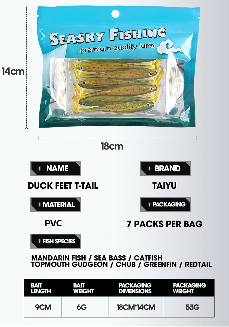 TAIYU 7-teiliges Set 9cm 6g Köder Weichköder T-Schwanz Weichköder Entenfuß-Fisch PVC Weichköder Simulationsköder Fischköder – Detail 3