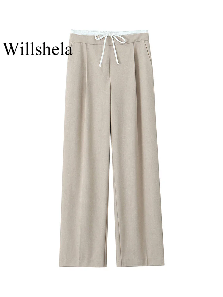 Willshela Women Fashion Solid Lace Up Side Zipper Straight Pants Vintage High Elastic Waist Female Chic Lady Trousers