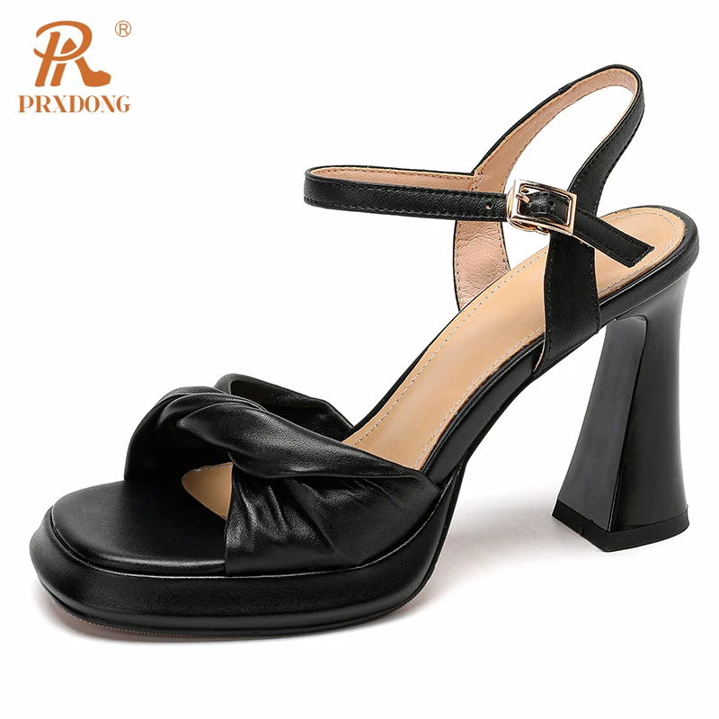 PRXDONG New Brand Genuine Leather High Heels Summer Shoes Woman Sandals Ankle Strap Black Beige Dress Party Wedding Lady Pumps