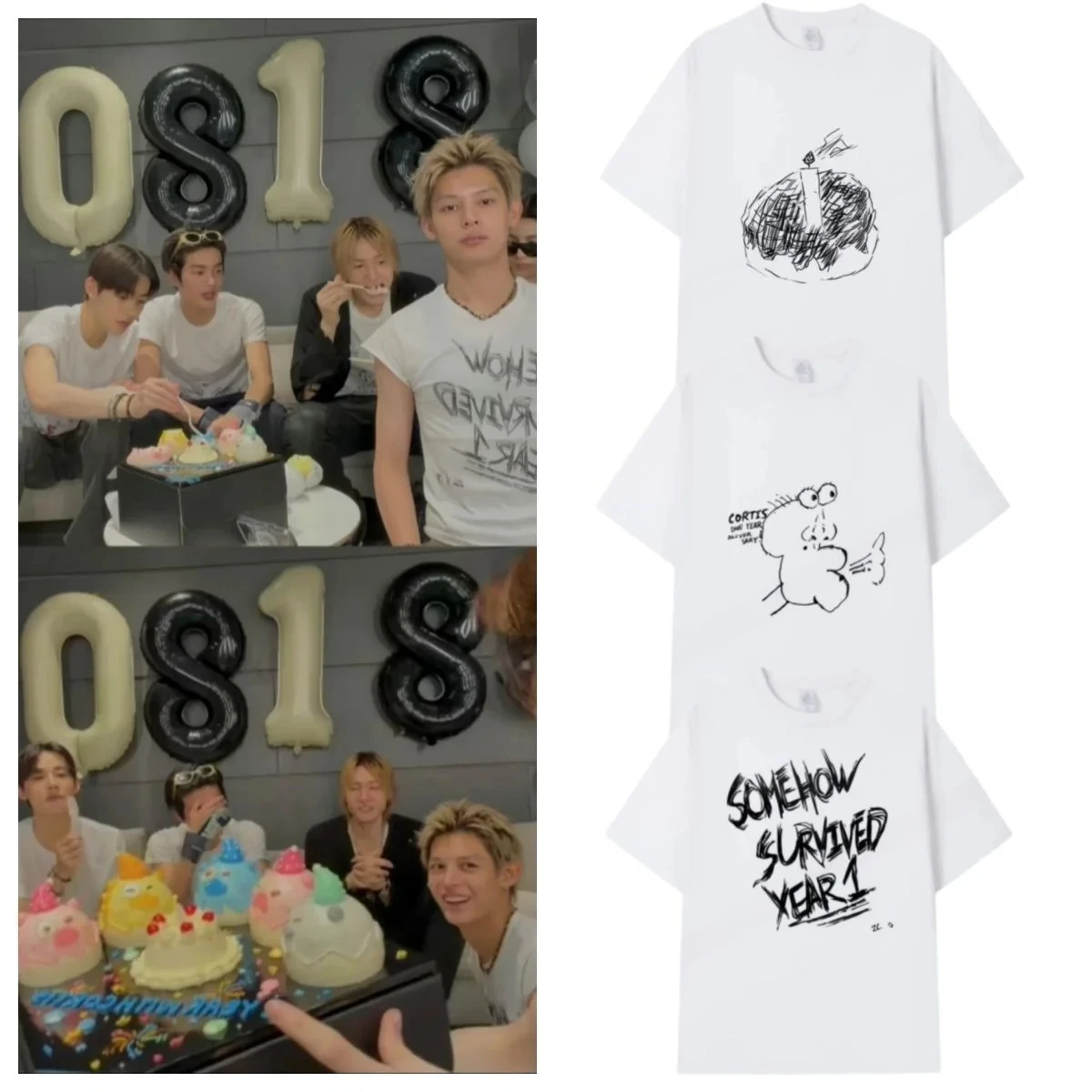 CORTIS 1st Anniversary T‑Shirt Somehow Survived Year 1 Hand Drawn Cartoon Print Unisex Cotton Short Sleeve Kpop Fan Merch