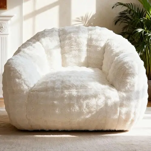 Giant Bean Bag Chair, Fluffy Bean Bag Chair with Armrest, Memory Foam Beanbag for Adults, Beige(Pillow not Included)