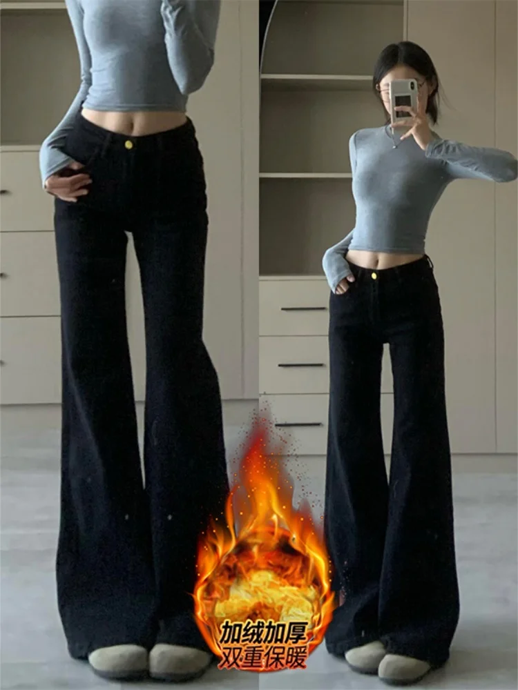 

High Waist Flared Denim Jeans Women's Autumn Winter New Sle Fce Lined Wide Leg Pants Loose Fit Slimming Elastic Jeans
