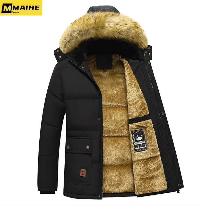 Giacca da uomo con collo in pelliccia con cappuccio moda classica Casual Parka da uomo 2024 inverno nuovo pile antivento caldo giacca spessa Parka