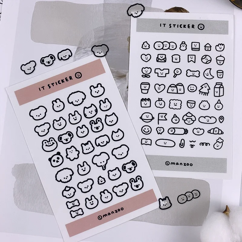 Cute Ins Black White Line Hand Drawn PET Transparent Waterproof Journal Sticke Hand Account Mobile Phone Transparent Stickers