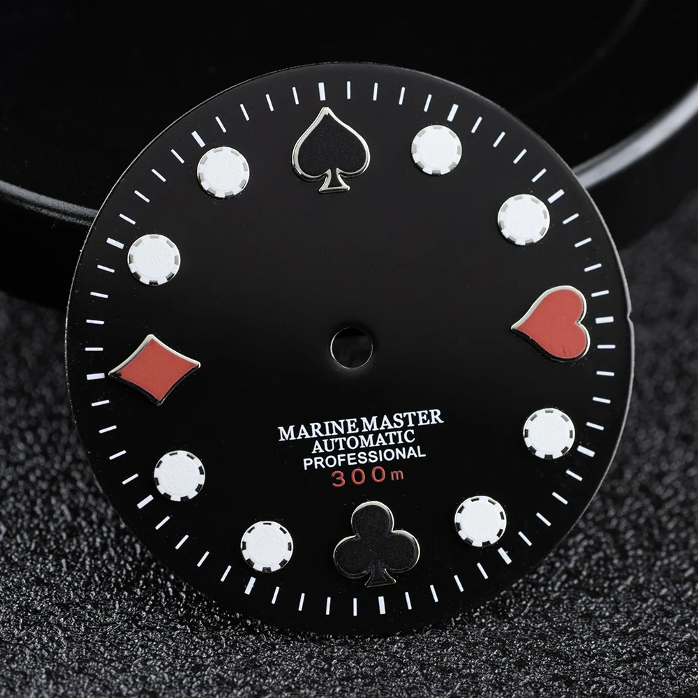 NH35 다이얼 28.5mm S 다이얼 포커 Marinemaster NH35/36 무브먼트 용 빛나는 시계 손 수정 된 다이얼 교체 시계 부품