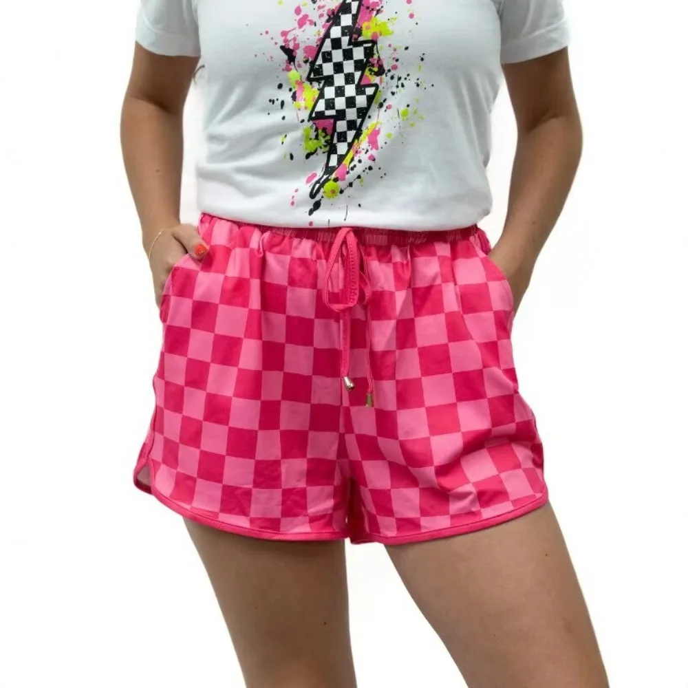 Women High Waist Drawstring Plaid Print Casual Shorts Fashion Versatile Athletic Soft Breathable Flattering Comfy Loose New