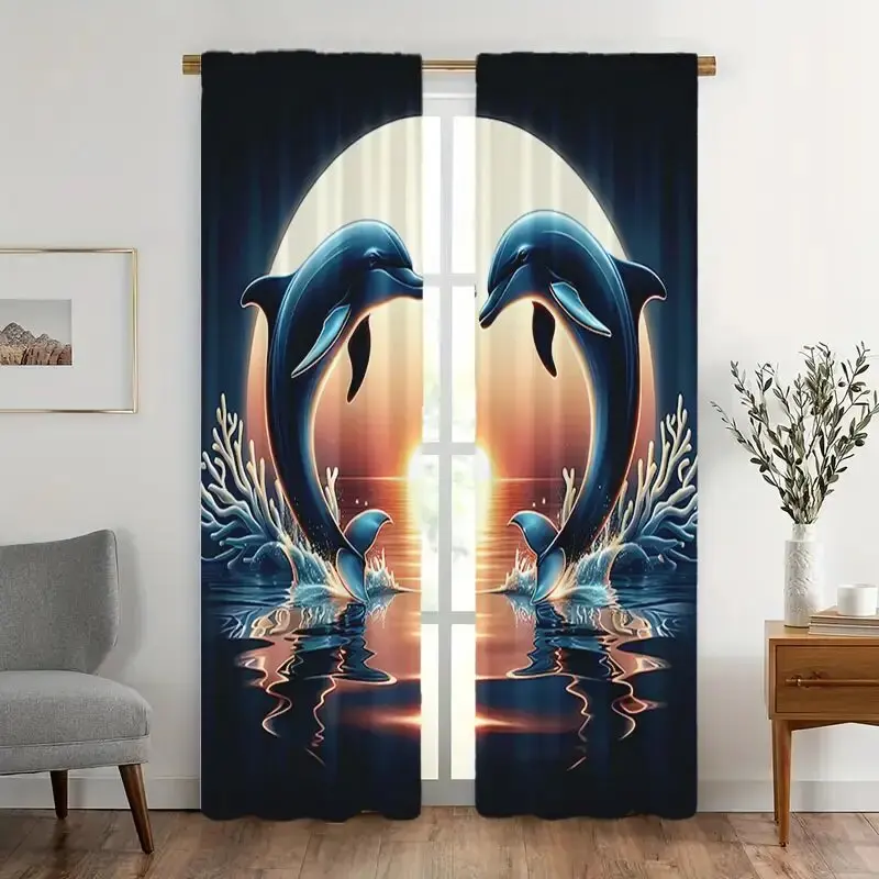 2 pieces - Dolphin Jump Print - Pole bag curtains, bedroom and kitchen decoration, home decoration, living room decoration