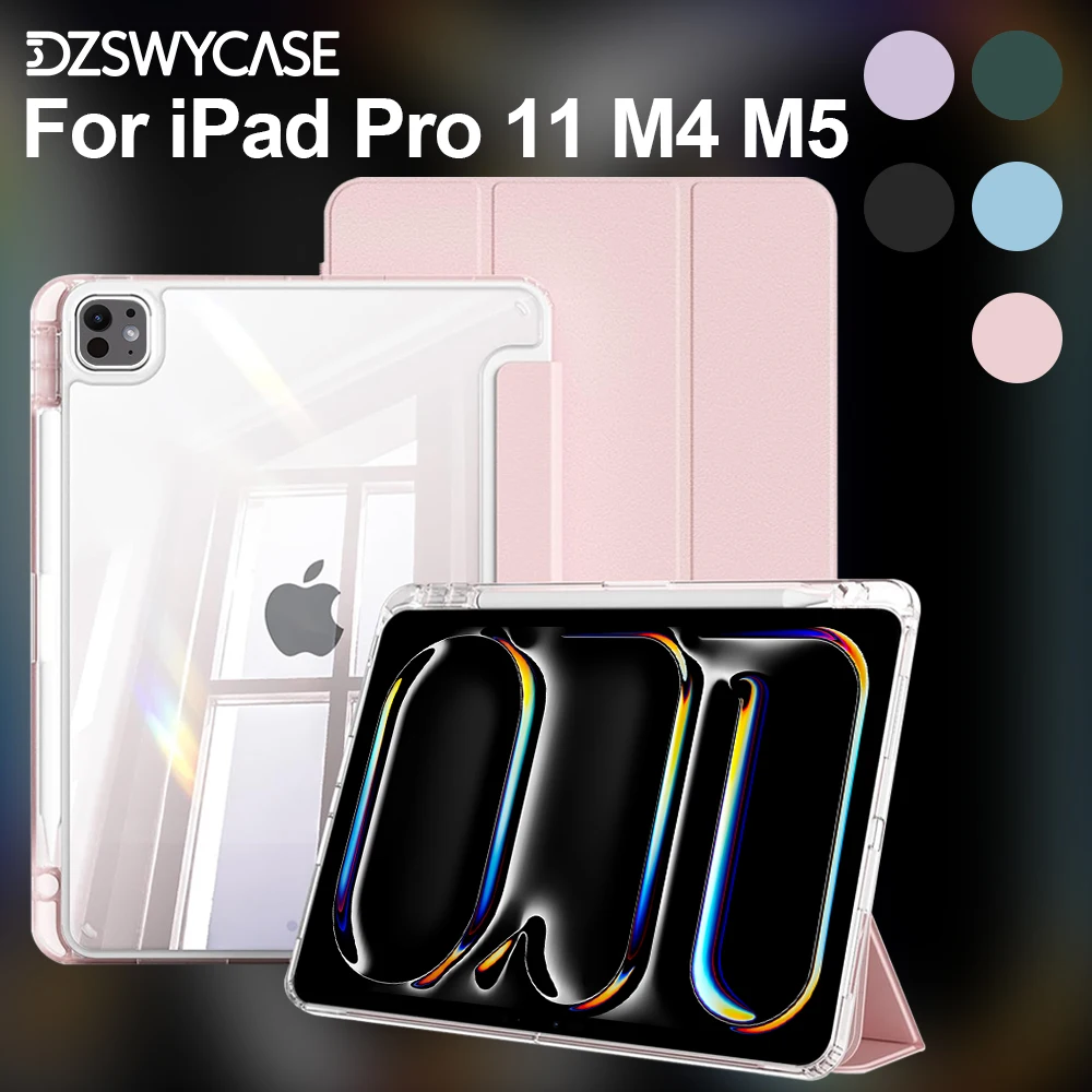 Case for iPad Pro 11 M4 2024 M5 2025, with Pencil Holder, Slim Trifold Smart Cover with Transparent Back, Tablet Accessories
