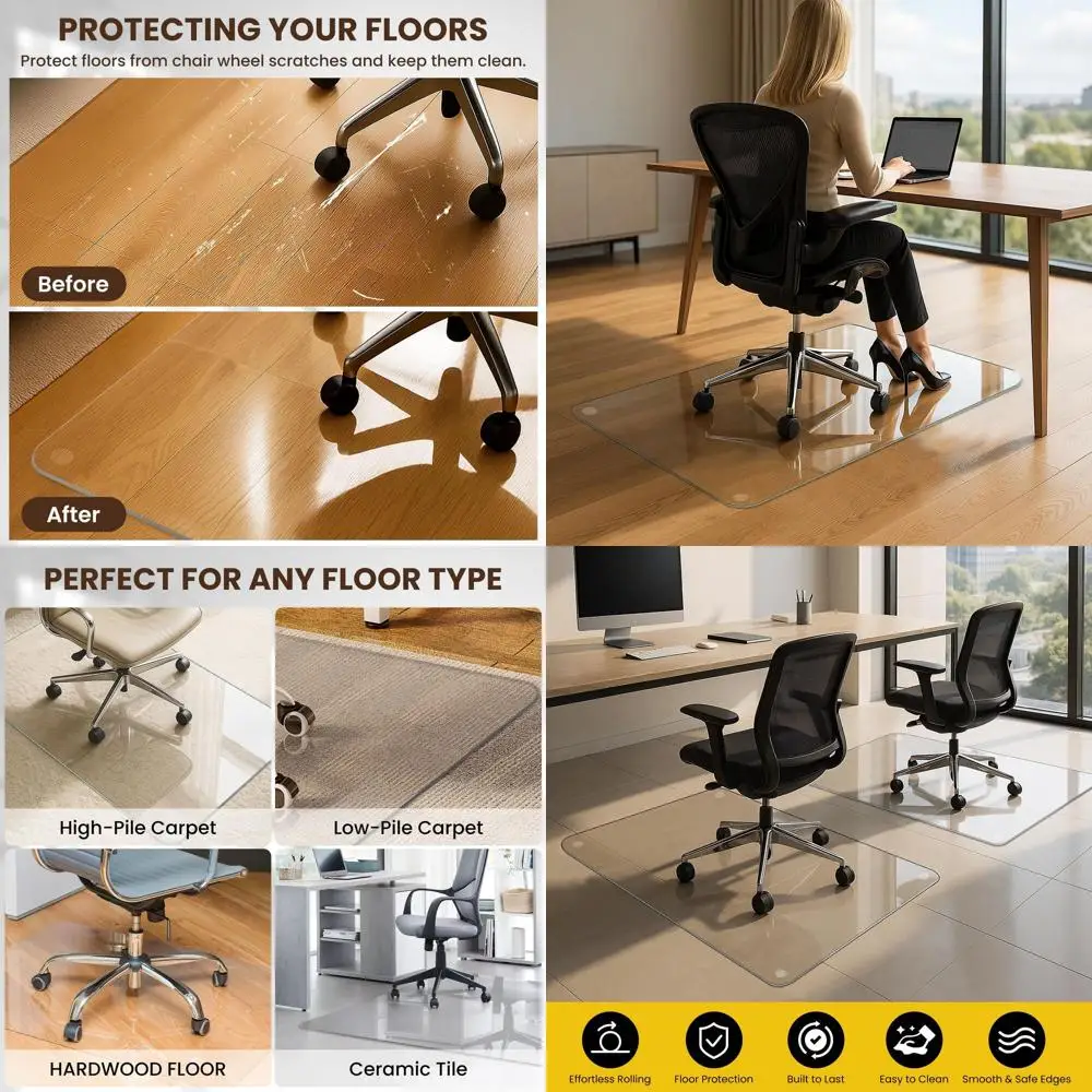 

Sturdy 31x48 Tempered Glass Desk Mat for Carpet/Hardwood, 1/5 Thick with 12 Grip Pads