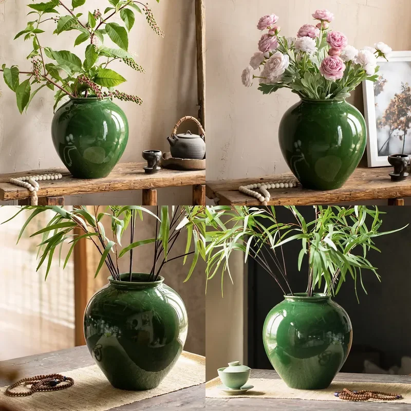Emerald Green Ceramic Vase New Chinese Style Hydroponic Flower Arrangement Light Luxury Home Decor for Living Room Ornament