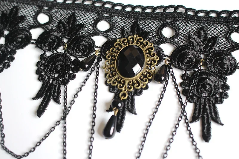 fashion Gothic Victorian Black Lace Necklace Women Girl Boho Crystal Tassel Sexy Choker Steampunk Style Halloween Jewelry