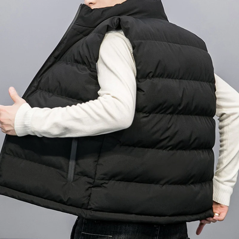 秋冬メンズスリムフィットノースリーブスタンドカラーベスト無地厚手ダウンコットンジャケットカジュアルジッパーウエストコート