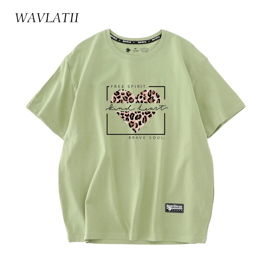 Wavlatii-女性用半袖コットンTシャツ,サマートップ,ホワイト,ヒョウ柄,グリーン,wt2227