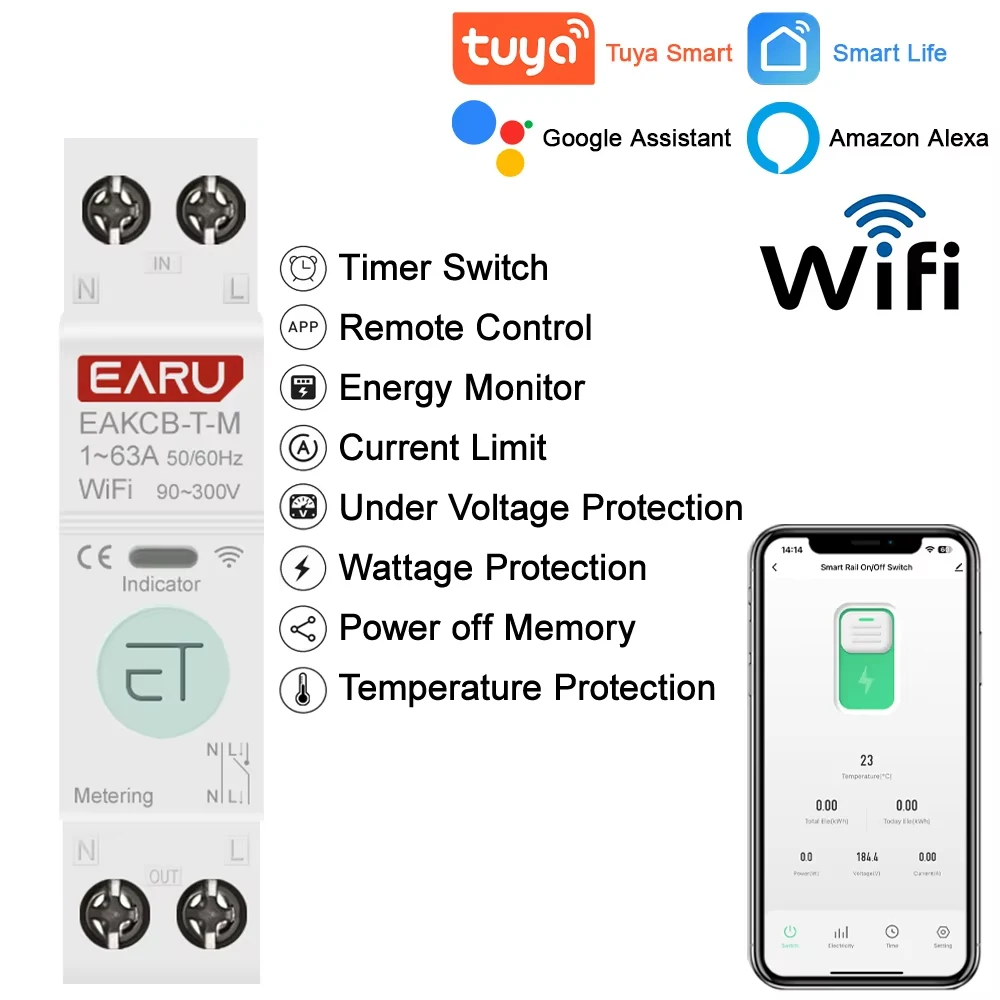 Disyuntor inteligente Tuya WiFi, temporizador MCB 1P + N 63A, energía kWh, medidor de corriente de voltaje, Protector, interruptor de Control remoto por voz