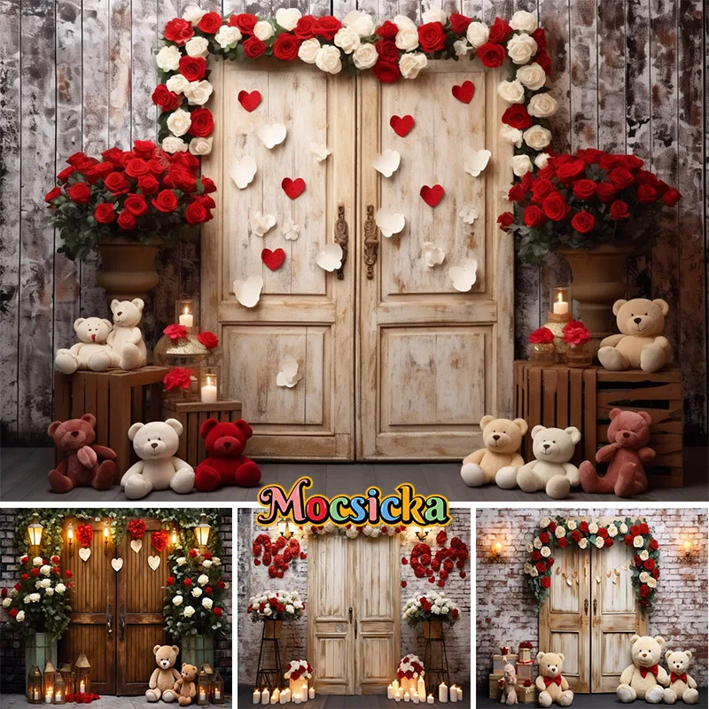 

Valentine's Day Photo Backdrops Dolls Roses Professional Photography Studio Props White Wooden Doors Brick Walls Backgrounds