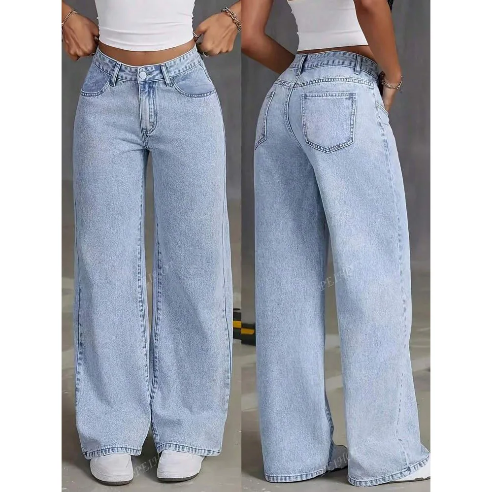 Jeans Dames Denim Wijde Pijpen Broek Vintage Rechte Broek Verontruste Gewassen Zakken Hoge Taille Streetwear 2025, Vloerlengte
