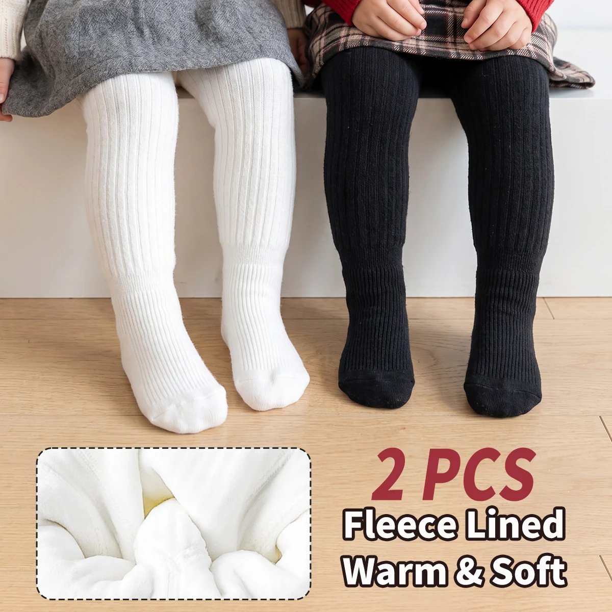2 Stück dicke warme Strumpfhosen für Babys, einfarbige Fleece-Thermo-Strumpfhosen, Kleinkind-Leggings mit Fuß für Outdoor- und Alltagsoutfits – Detail 1