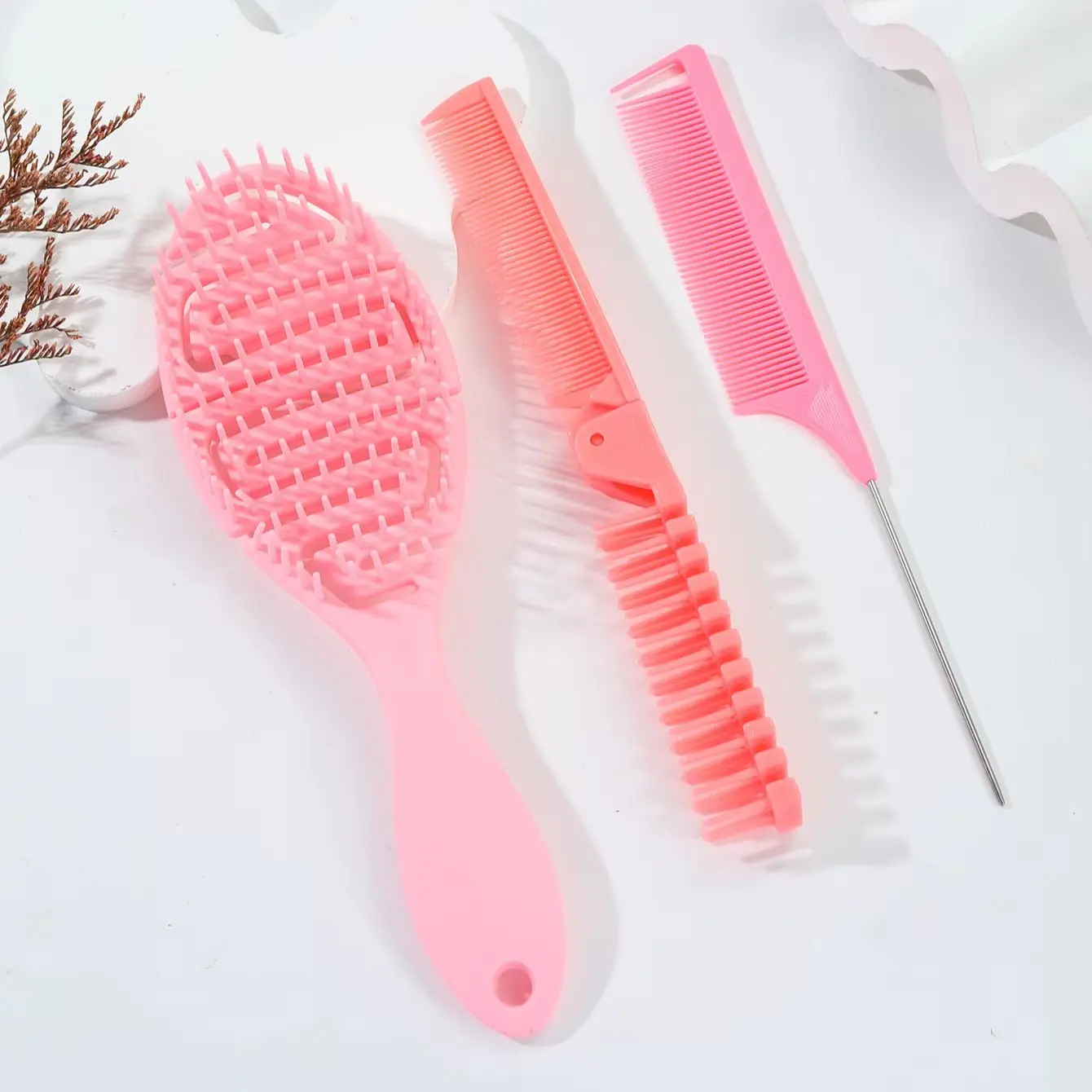 مجموعة مشط شعر مكونة من 3 قطع، مشط محمول قابل للطي، فرشاة تدليك فروة الرأس، مشط ذيل الفئران بإبرة معدنية خاصة للشعر المستعار الحقيقي