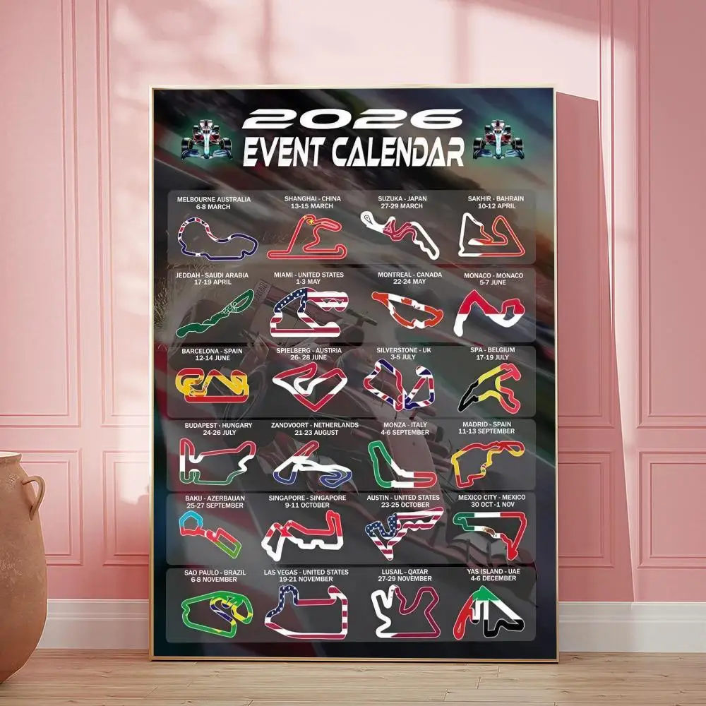 2026 Formula Racing Calendar Canvas Poster Track Layout National Flags Motorsport Wall Decor Gift Painting Calligraphy