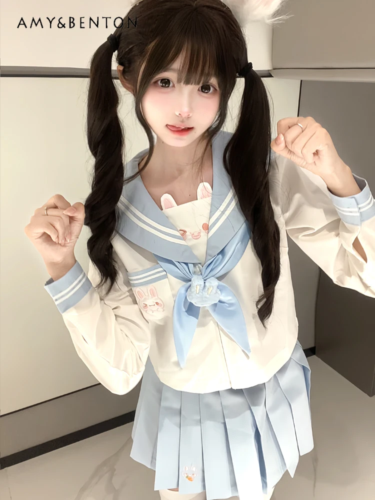 Cute Jk Uniform Female Japanese Preppy Style Sweet Cartoon Embroidery Rabbit Ears Navy Collar Shirt Pleated Skirt Two-piece Set