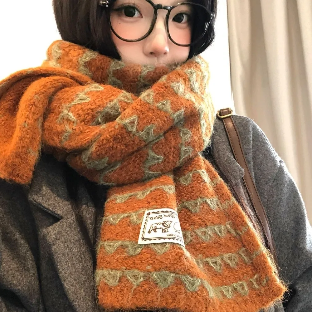 Cozy Thick Wool Blend Scarf Korean Style 170cm x 25cm Pumpkin Color Knitted Scarf Cold Proof Fall Winter Neck Warmer For Women