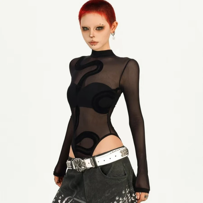 Womens Mesh Long Sleeve Bodysuit Round Neck Sheer Leotards Clothing Snake Bodysuit Top with Snap Crotch Clubwear Gifts