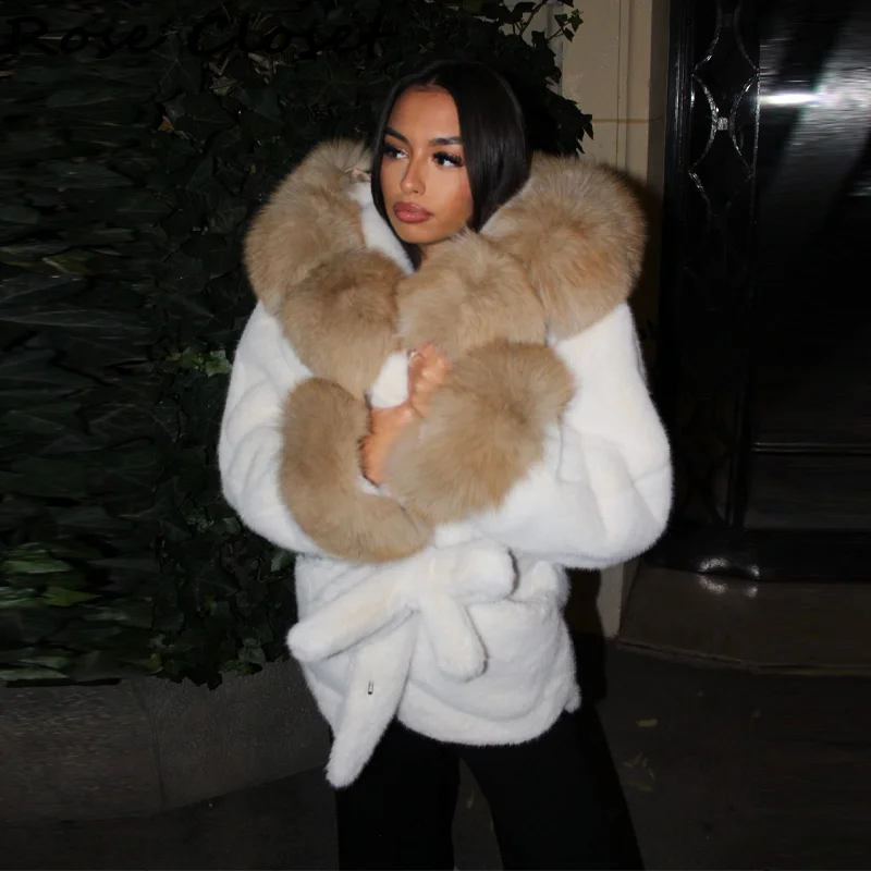 Engrossar quente casaco de pele do falso feminino vintage retalhos gola peluda manga com capuz jaquetas rendas até bolso outerwear nova senhora casacos