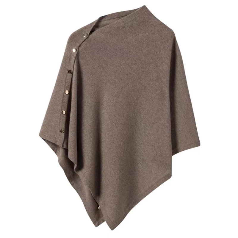 Asymmetric Knitted Poncho Cape with Buckle Buttons Shawl for Women Loose Cover-up Office Ladies Elegant Outfit