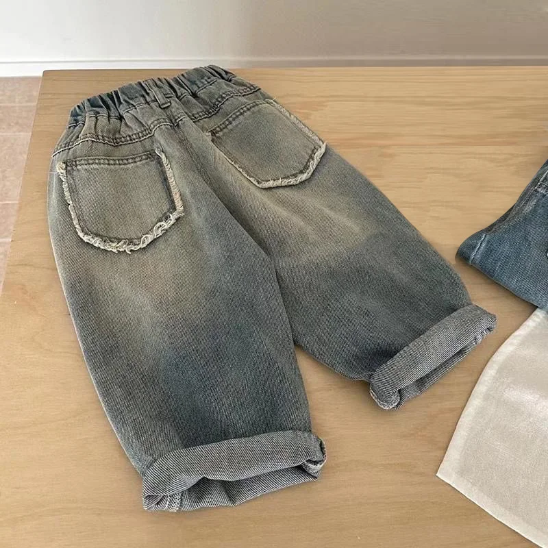 Boys Girls Jeans Spring Stylish Denim Pants Children's Ripped Frayed Hem Long Trousers 2026 New Kids Casual Autumn Clothing 2-8Y
