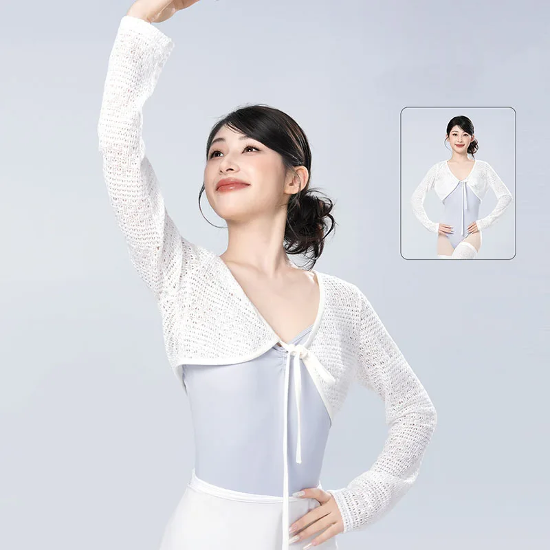 Long Sleeve Knitted Dance Tops for Women Girls Front Tie Ballet Openwork Shawl Cardigan Dance Short Tops Modern Dance Coats