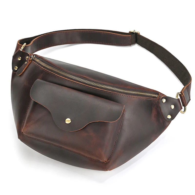 Designer Vintage Men\'s Chest Bag Leisure Cycling Crossbody Top Layer Leather Waist Bag for Male
