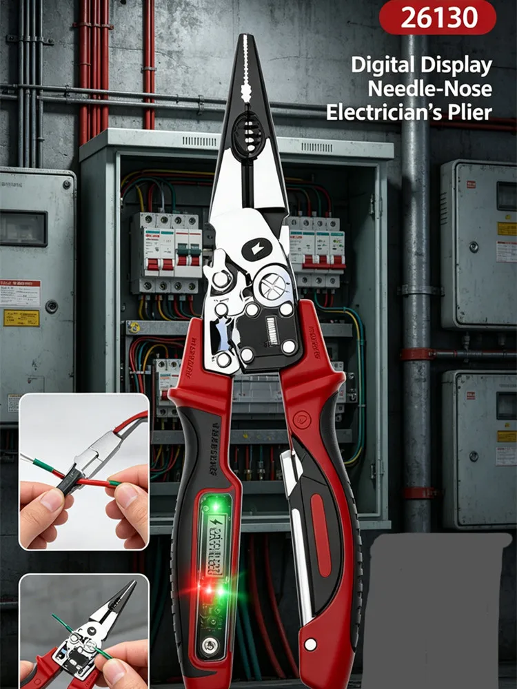TWO COLOR All-in-One Electrician Pliers with Digital Voltage Display, Wire Stripper, Wrapper & Splitter Tool for Electrical Work