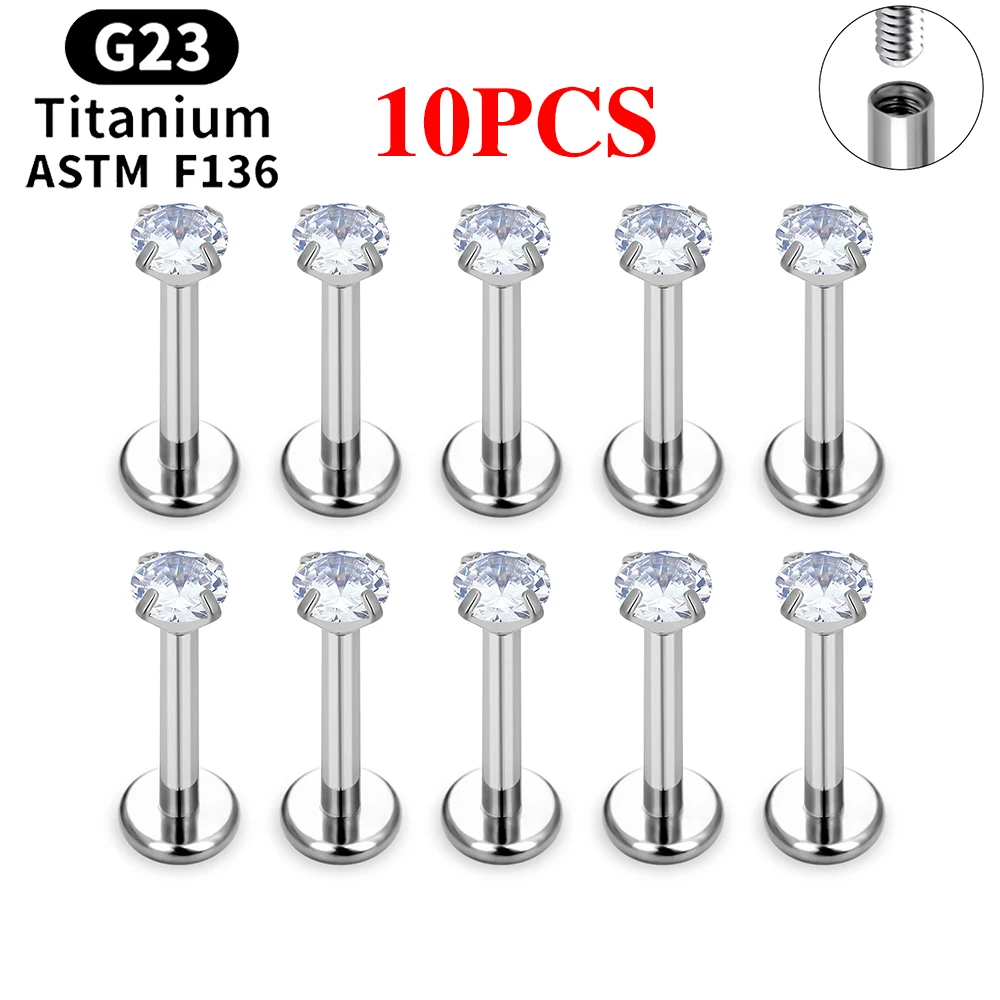 10/50PCS G23 Ttianium Piercing Labret Lip Stud Ring CZ 16G Interne Draad Stud Oorbel oor Tragus Kraakbeen Helix Daith Sieraden