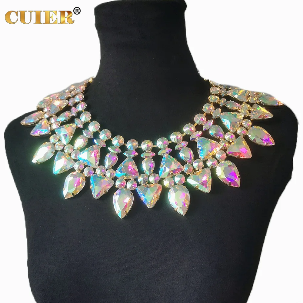 CuiEr Sparkly Glass Gem Crystal AB Huge Necklace for Women Choker Drag Queen Jewelry Performance of Beauty Pageant